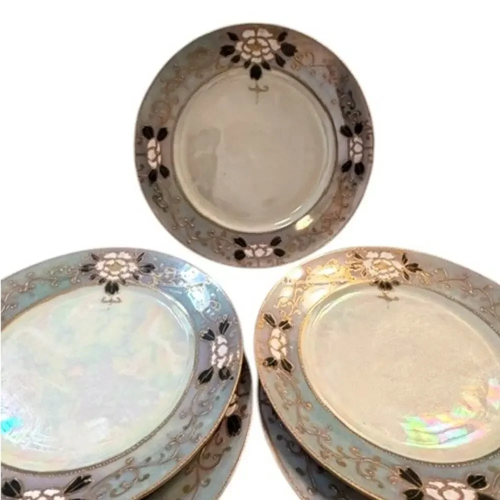 Vintage Japan Lusterware Dessert Plates Set 5 Gold Floral Iridescent 7.25